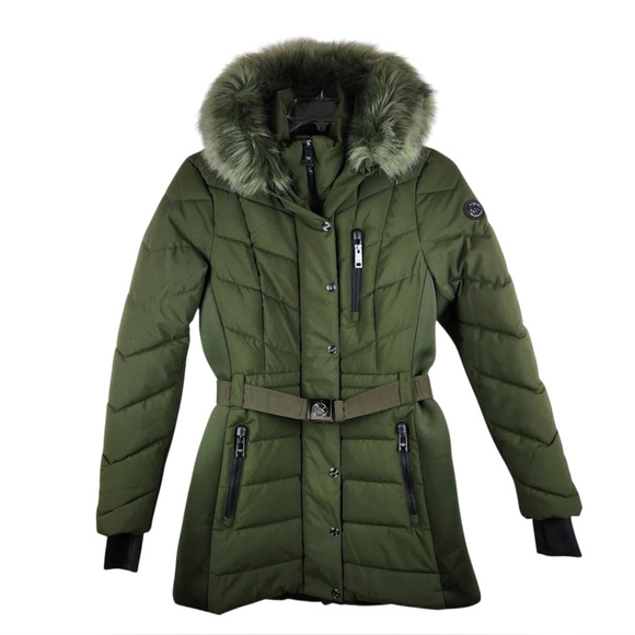 Michael Kors Womens Hooded Puffer Jacket with Faux Fur Trim and Belt